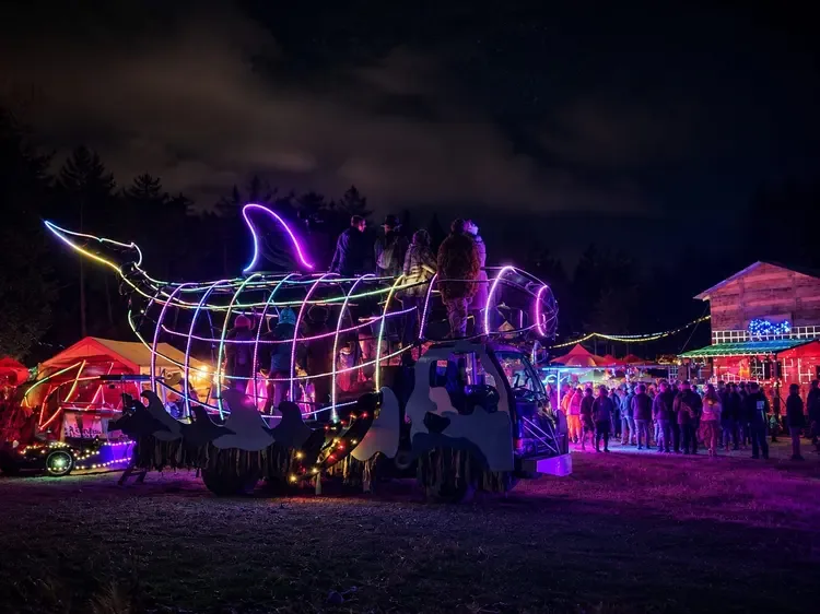 The Orcar at night — illuminated orca art car glowing at a festival