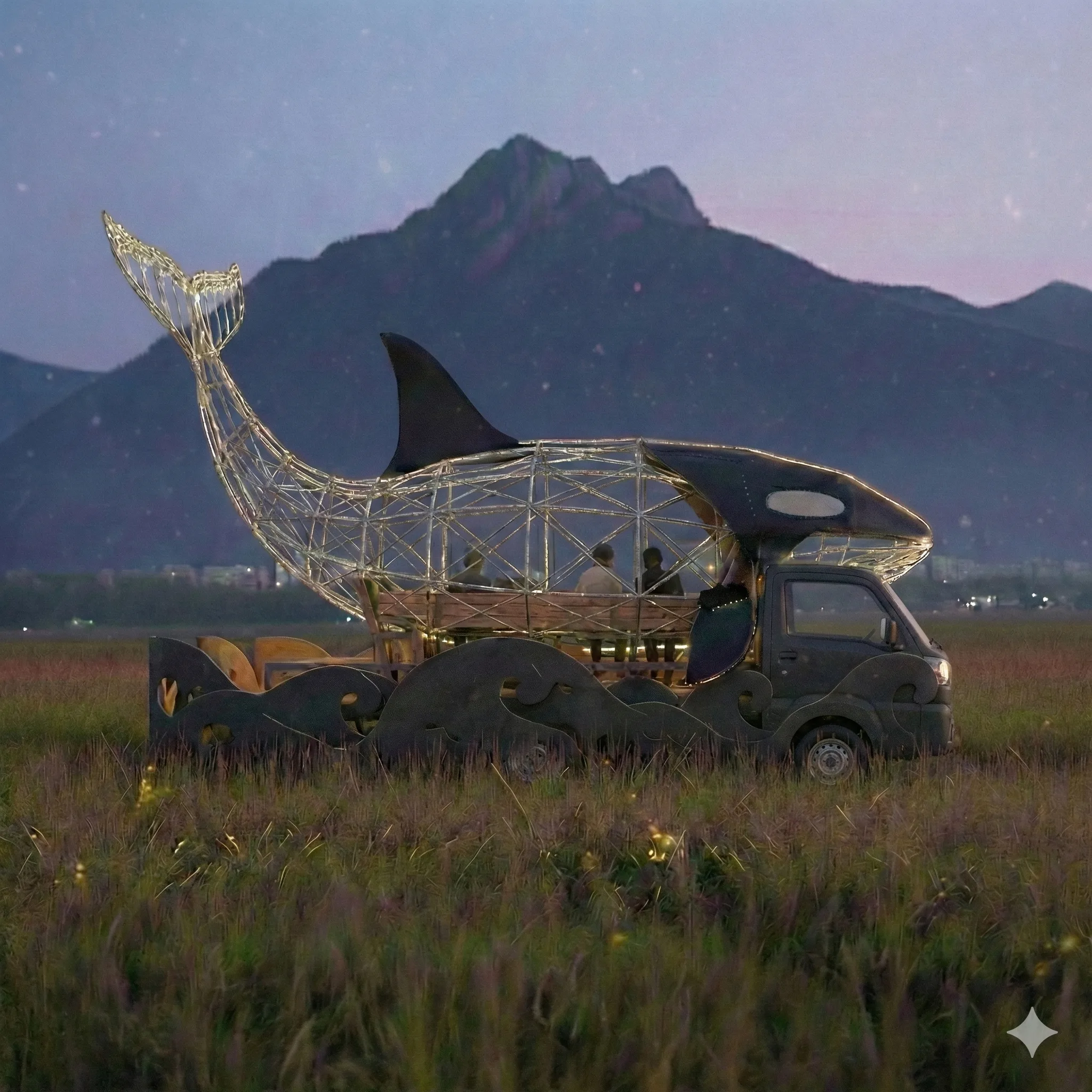 The Orcar — 20ft illuminated orca art car, lit up at night